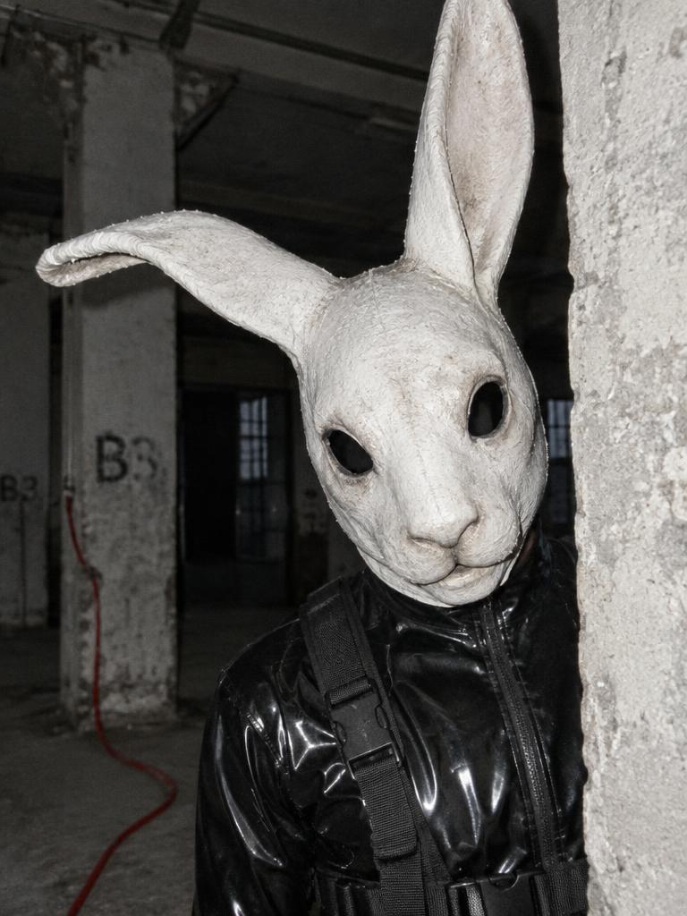 En kaninmask i vit gummi och svart latex vid en betongpelare